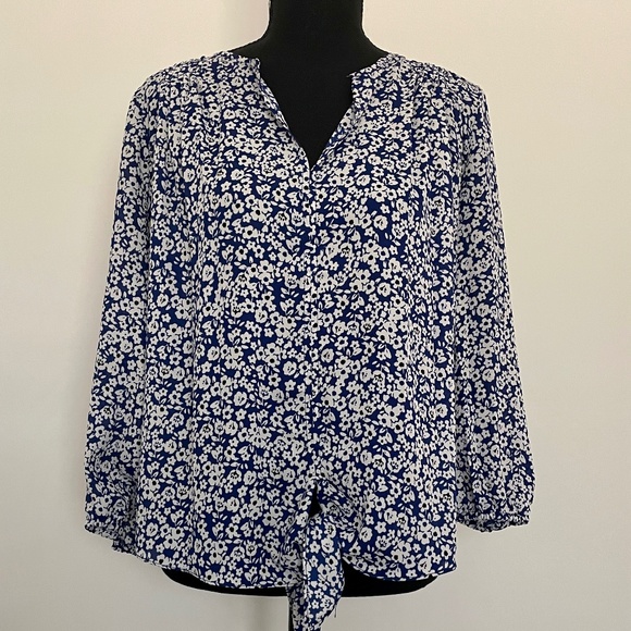 Collective Concepts Tie Top, Royal blue with White Floral design, EUC, M - Picture 2 of 9